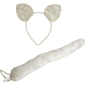 Cat Ears Headband Tail White Sparkly Ears Faux Fur Tail Accessories Halloween